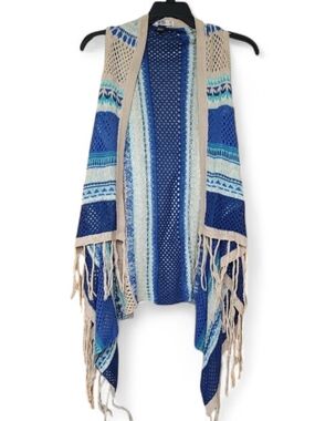 Bohemian Style Open Front Crochet Vest Multi Blue & Cream W/Fringe By Say What?